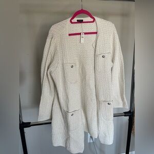 Talbots Ivory Textured Long Cardigan with Buttoned Pockets